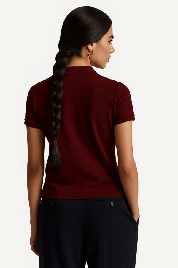 Maroon polo t-shirt crafted from premium cotton blend double piqué fabric with short sleeves, buttoned collar, and classic regular fit.