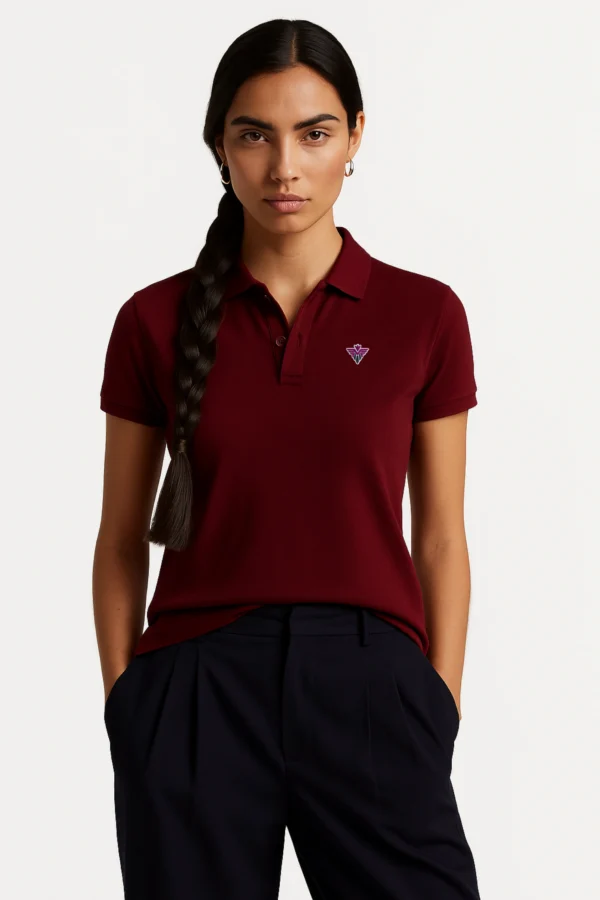 Maroon polo t-shirt crafted from premium cotton blend double piqué fabric with short sleeves, buttoned collar, and classic regular fit.
