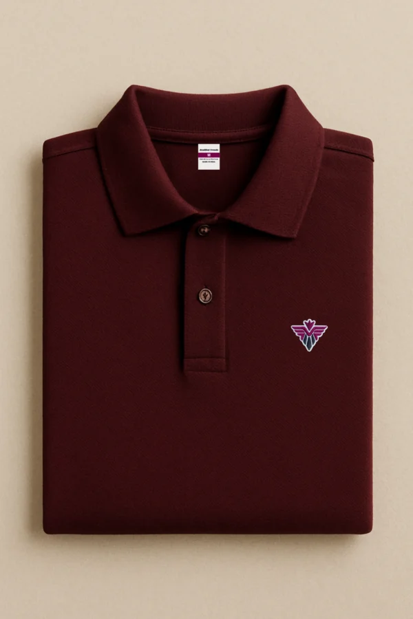 Maroon polo t-shirt crafted from premium cotton blend double piqué fabric with short sleeves, buttoned collar, and classic regular fit.