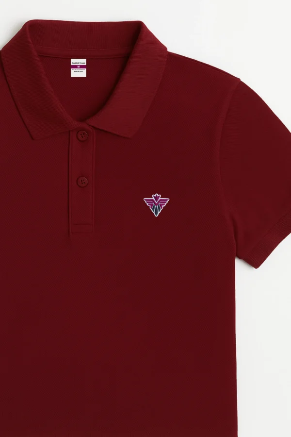 Maroon polo t-shirt crafted from premium cotton blend double piqué fabric with short sleeves, buttoned collar, and classic regular fit.