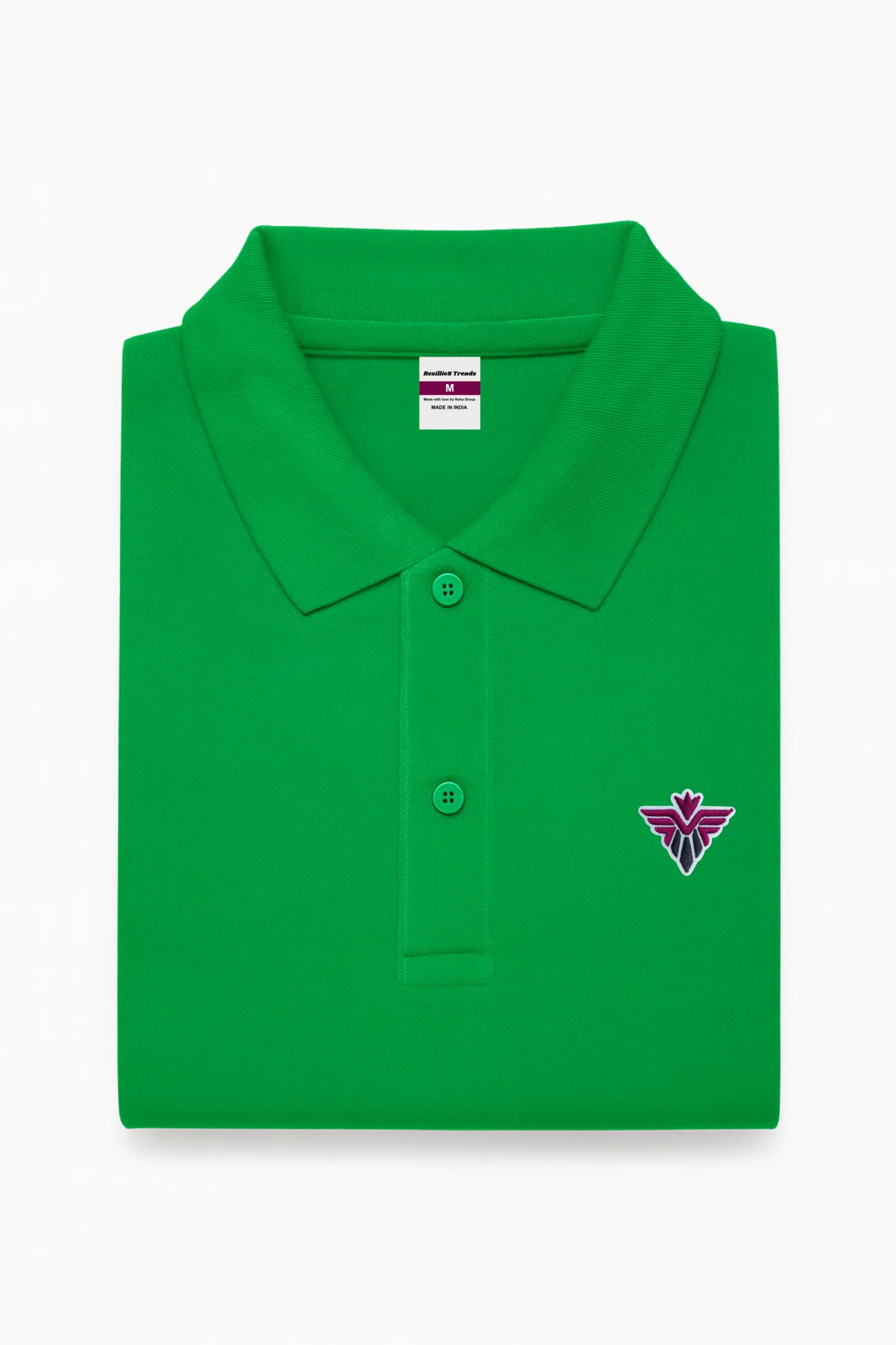 Parrot green polo t-shirt crafted from premium cotton blend double piqué fabric with short sleeves, buttoned collar, and regular fit