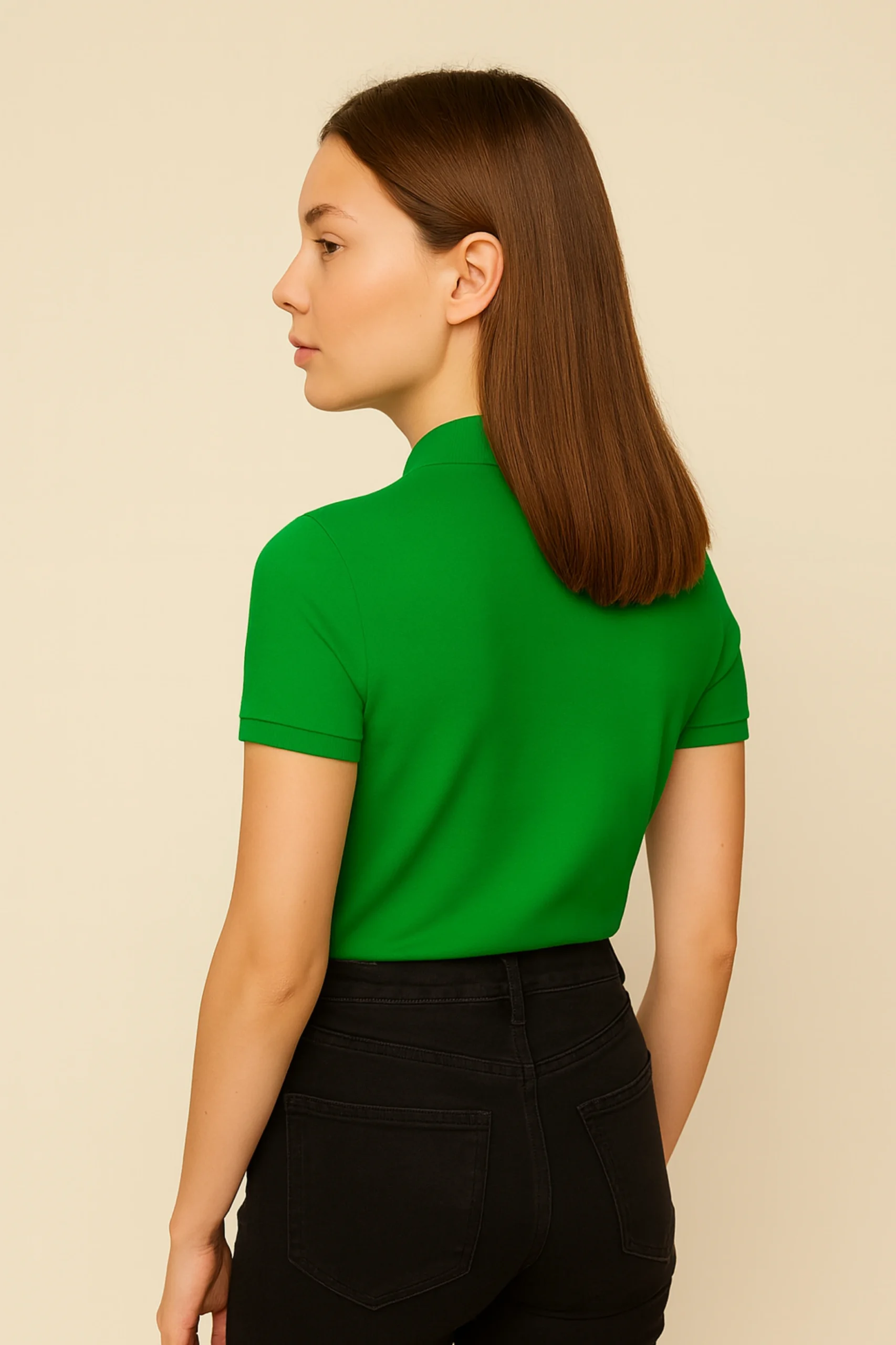 Parrot green polo t-shirt crafted from premium cotton blend double piqué fabric with short sleeves, buttoned collar, and regular fit