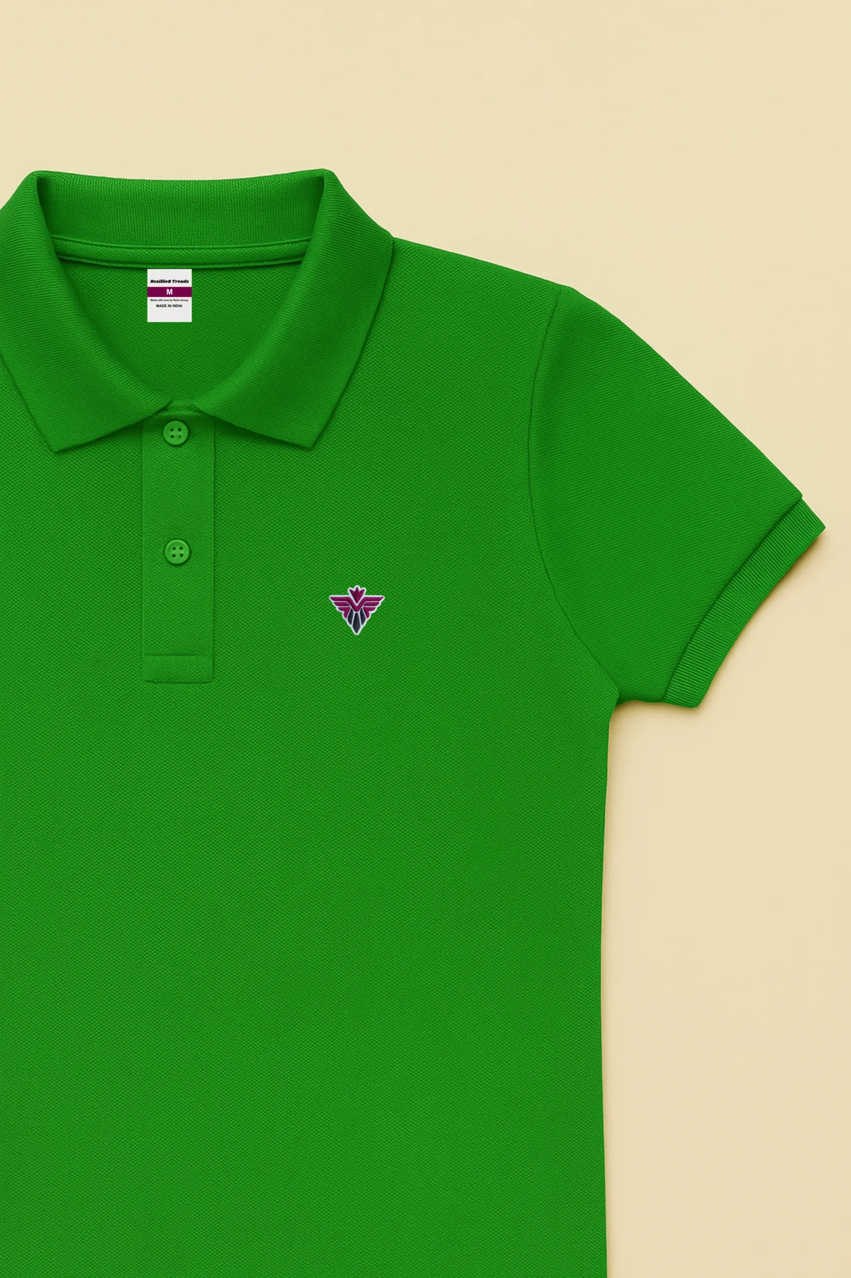 Parrot green polo t-shirt crafted from premium cotton blend double piqué fabric with short sleeves, buttoned collar, and regular fit