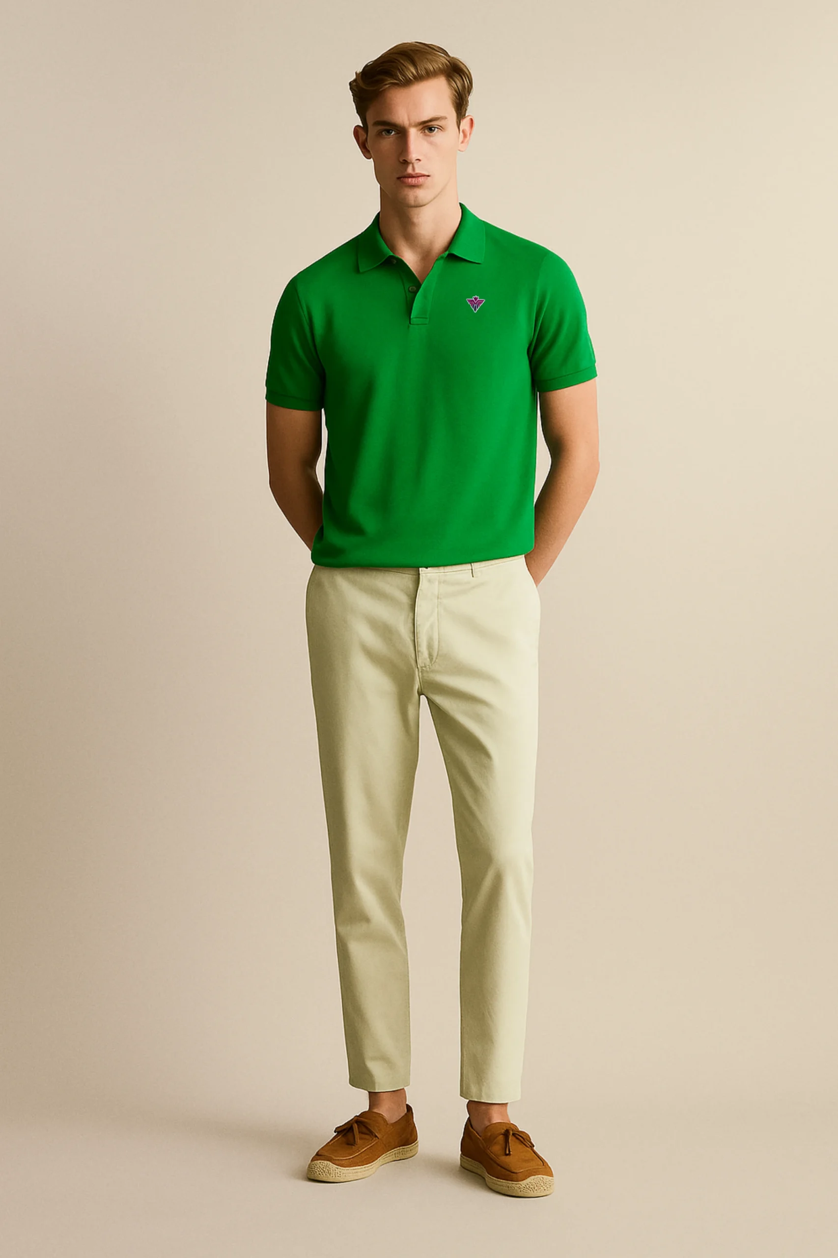 Parrot green polo t-shirt crafted from premium cotton blend double piqué fabric with short sleeves, buttoned collar, and regular fit