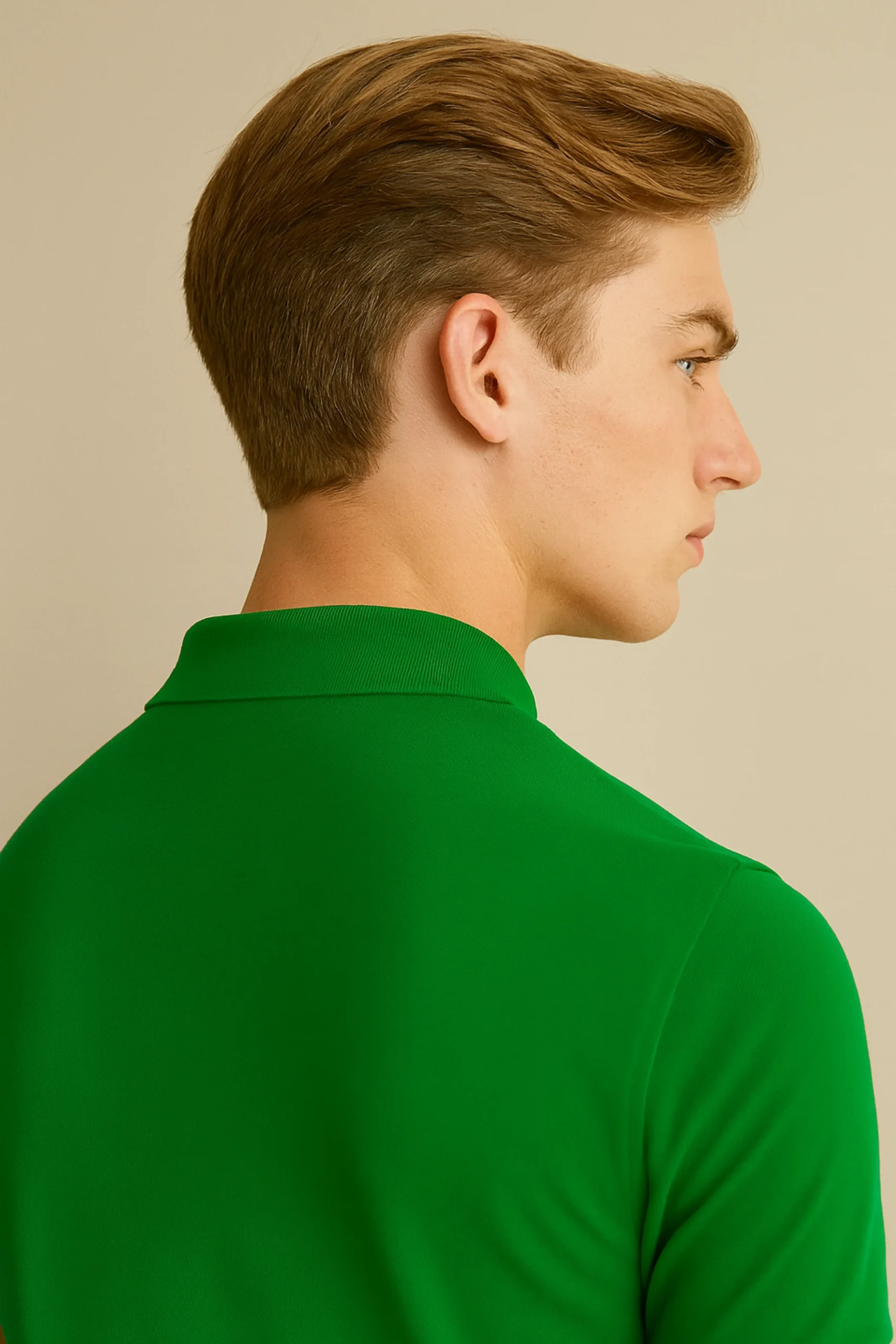 Parrot green polo t-shirt crafted from premium cotton blend double piqué fabric with short sleeves, buttoned collar, and regular fit