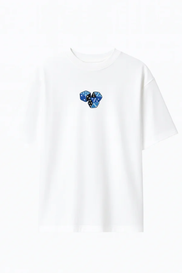 Roll Dice oversized t-shirt made from premium 240 GSM French Terry fabric, 52% cotton and 48% polyester blend, with bold dice graphic and relaxed fit