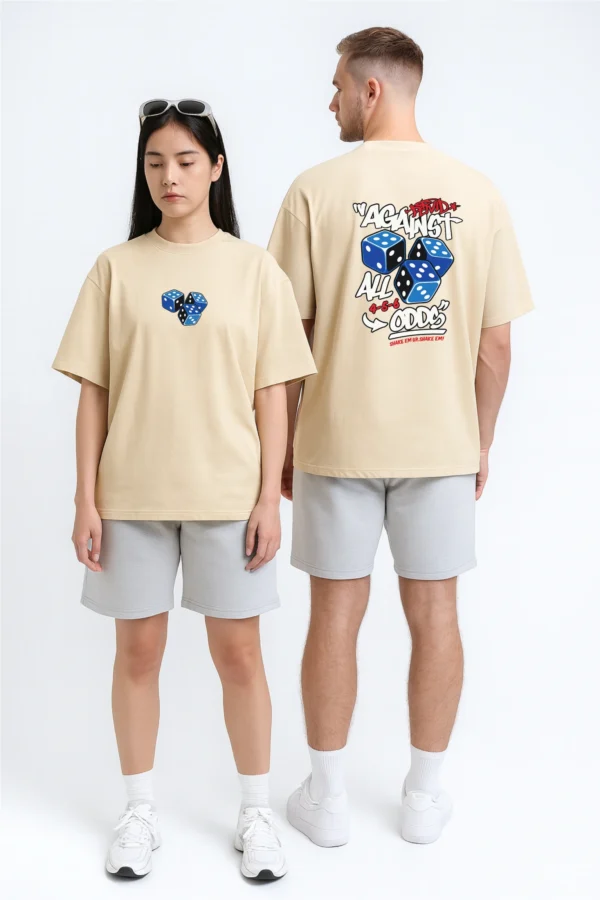 Roll Dice oversized t-shirt made from premium 240 GSM French Terry fabric, 52% cotton and 48% polyester blend, with bold dice graphic and relaxed fit