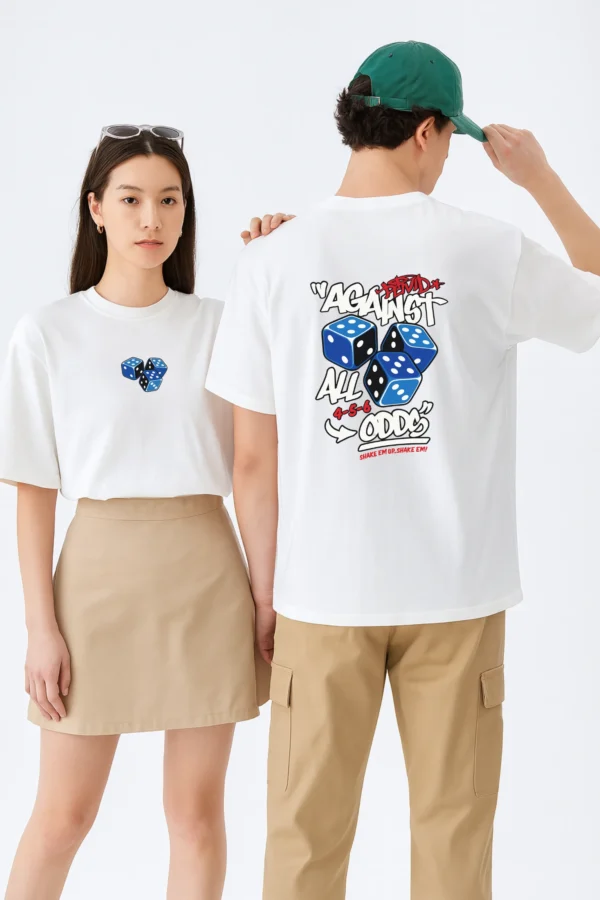 Roll Dice oversized t-shirt made from premium 240 GSM French Terry fabric, 52% cotton and 48% polyester blend, with bold dice graphic and relaxed fit