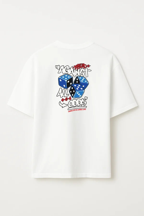 Roll Dice oversized t-shirt made from premium 240 GSM French Terry fabric, 52% cotton and 48% polyester blend, with bold dice graphic and relaxed fit