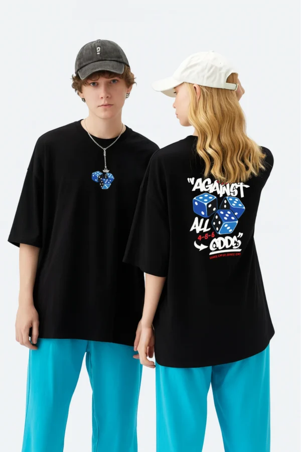 Roll Dice oversized t-shirt made from premium 240 GSM French Terry fabric, 52% cotton and 48% polyester blend, with bold dice graphic and relaxed fit