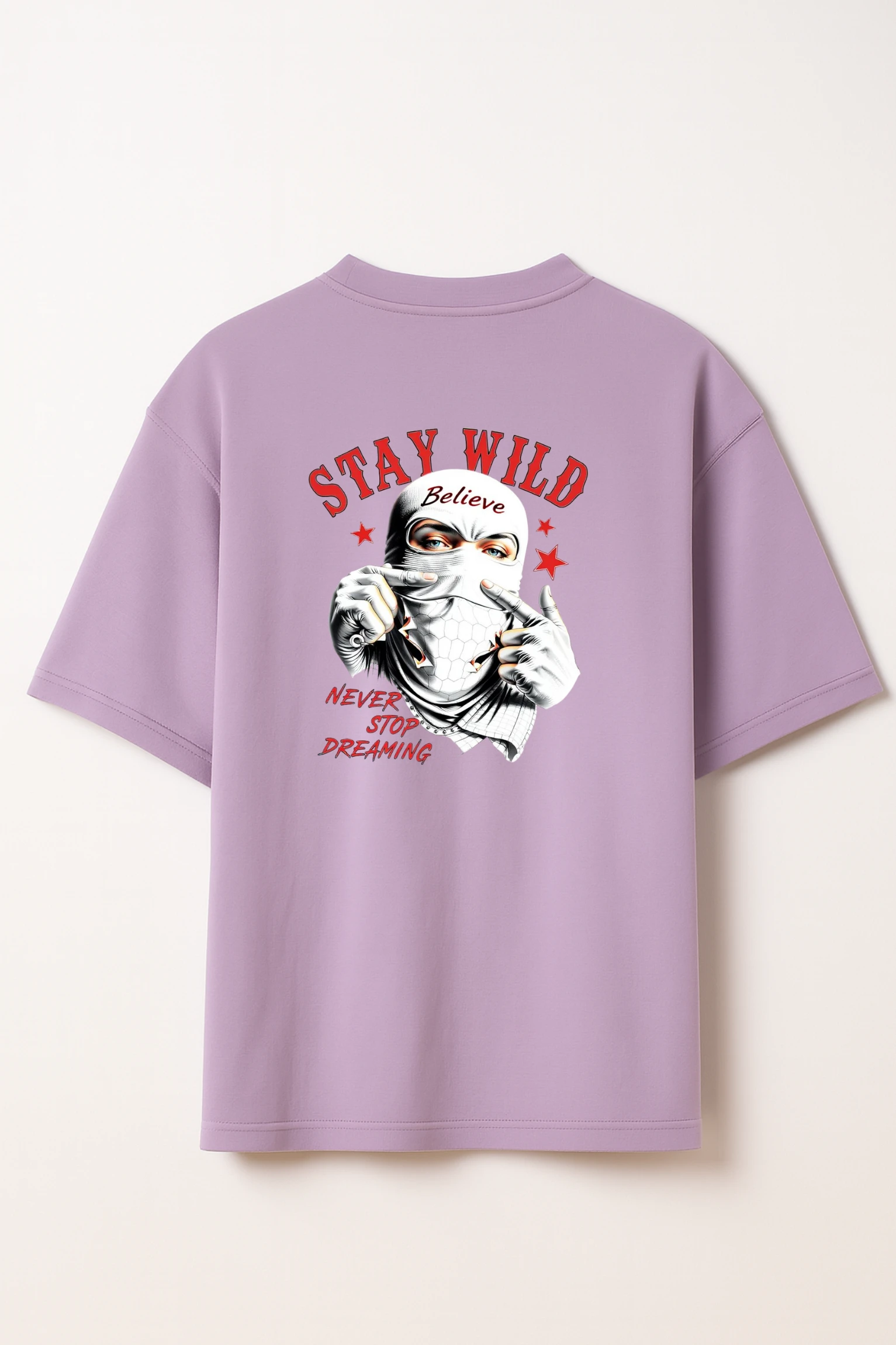 Stay Wild oversized t-shirt made from premium 240 GSM French Terry fabric, 52% cotton and 48% polyester blend, with bold graphic and relaxed fit