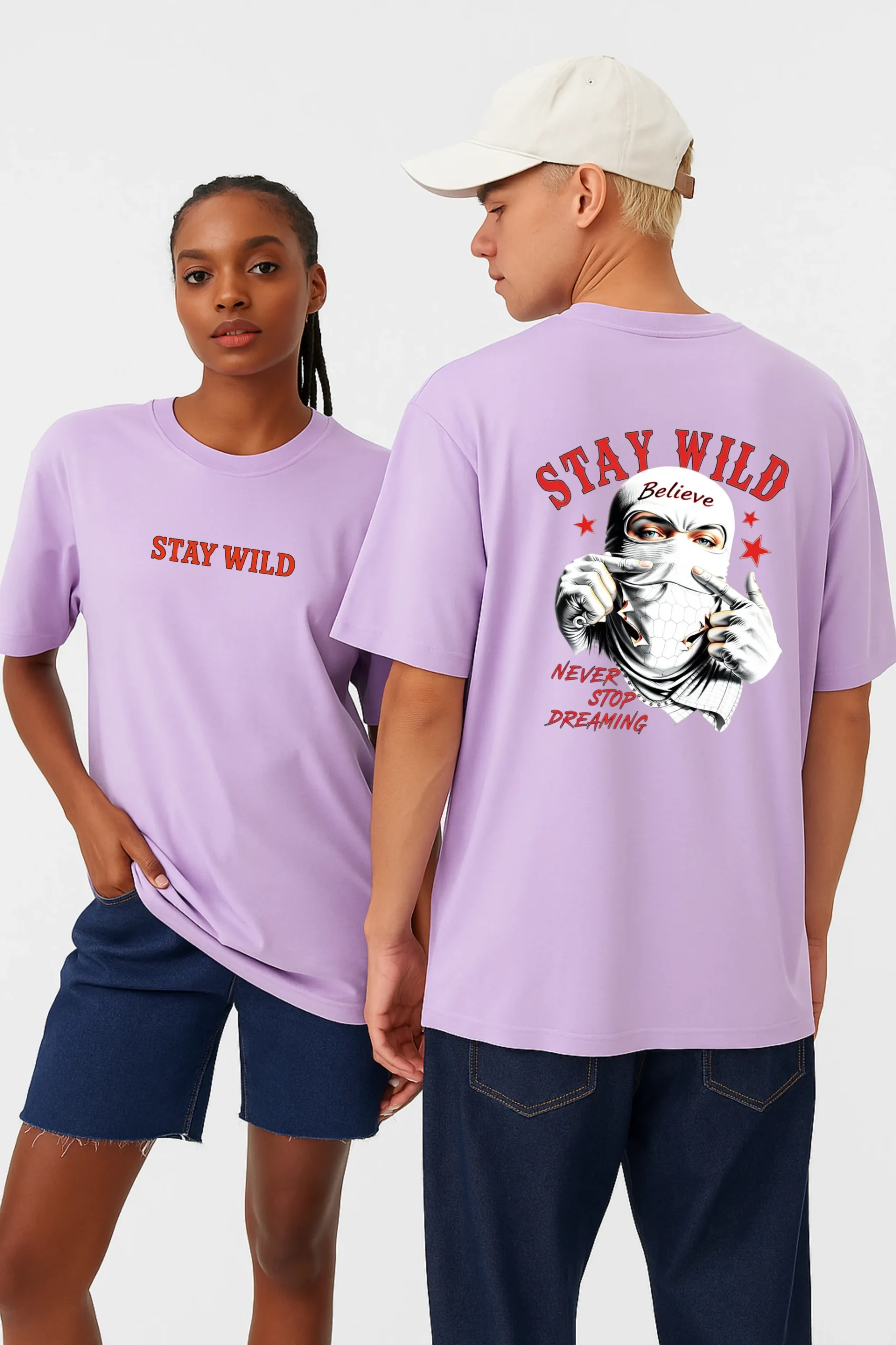 Stay Wild oversized t-shirt made from premium 240 GSM French Terry fabric, 52% cotton and 48% polyester blend, with bold graphic and relaxed fit