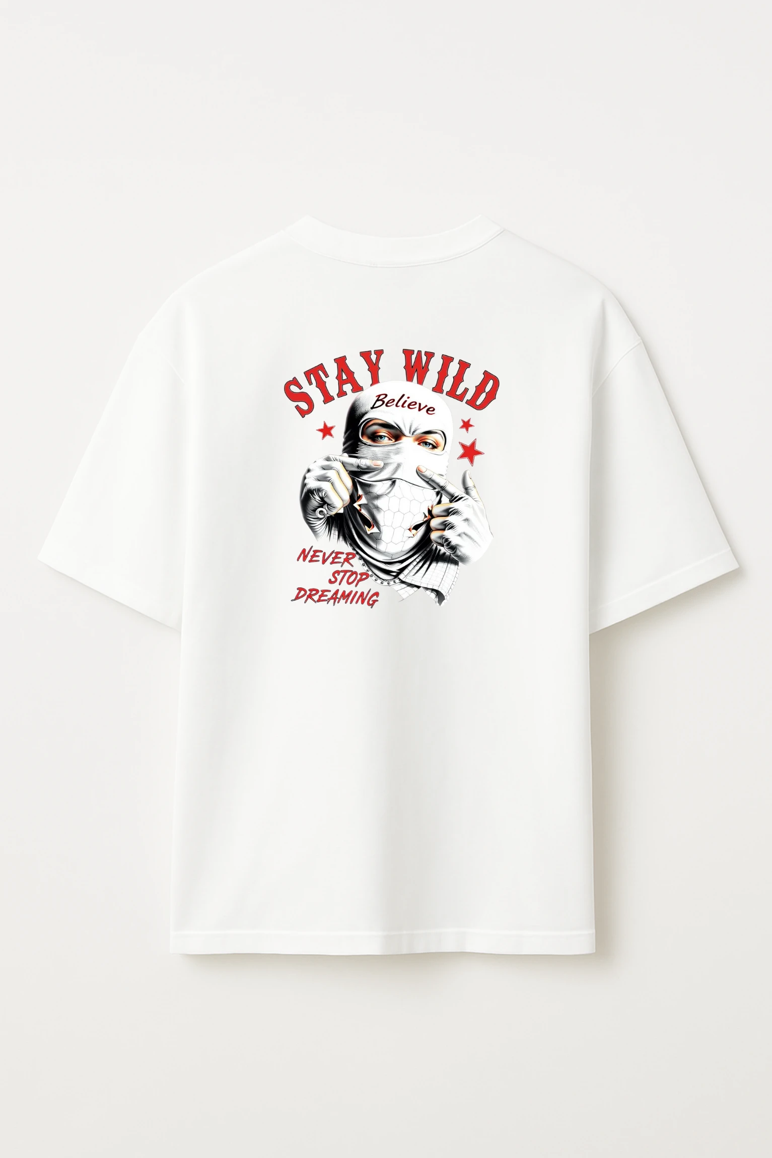 Stay Wild oversized t-shirt made from premium 240 GSM French Terry fabric, 52% cotton and 48% polyester blend, with bold graphic and relaxed fit