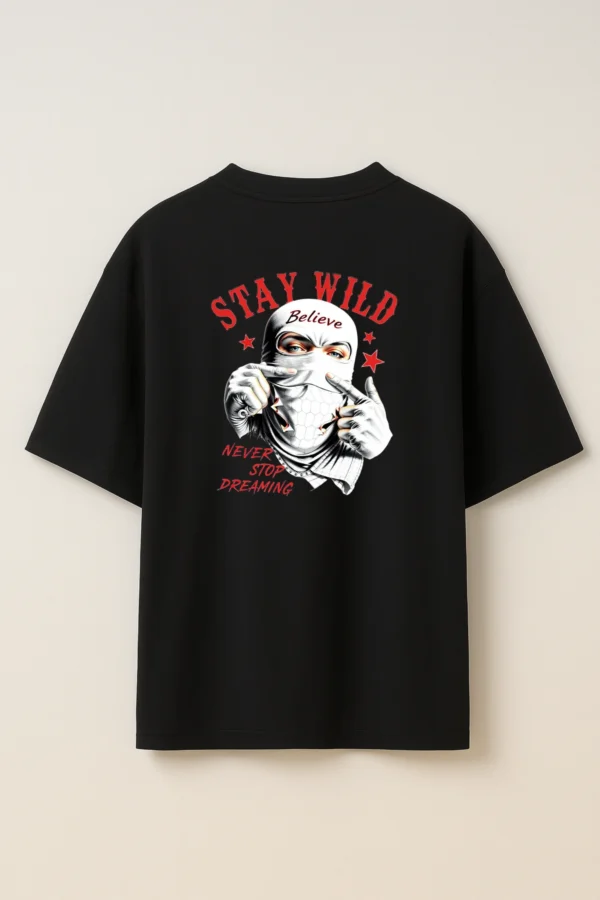 Stay Wild oversized t-shirt made from premium 240 GSM French Terry fabric, 52% cotton and 48% polyester blend, with bold graphic and relaxed fit