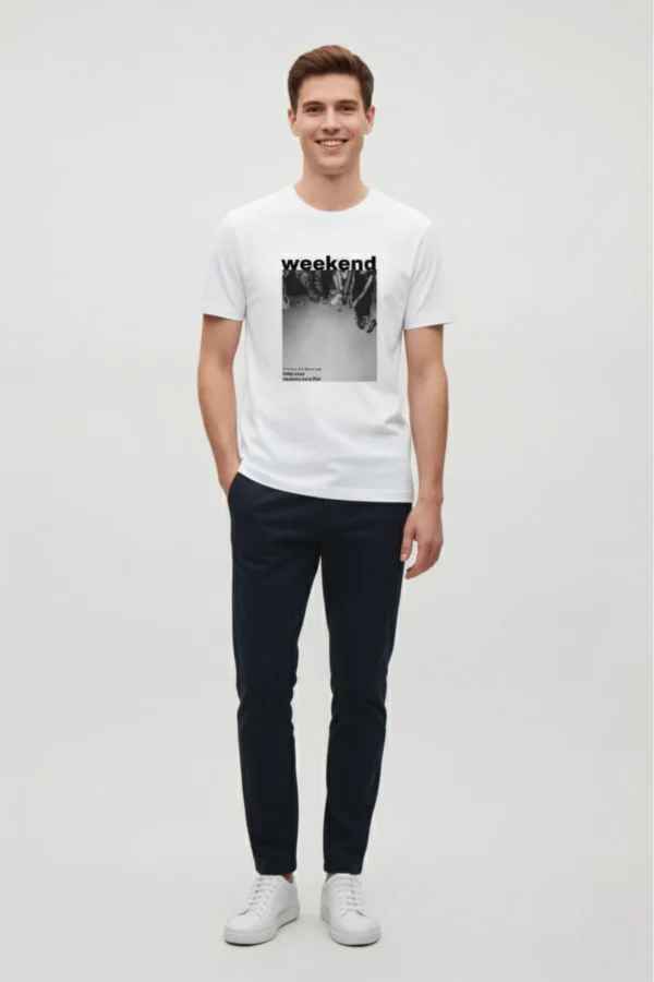 Weekend printed regular fit t-shirt made from soft 180 GSM single jersey cotton-poly blend fabric with breathable comfort and casual style.