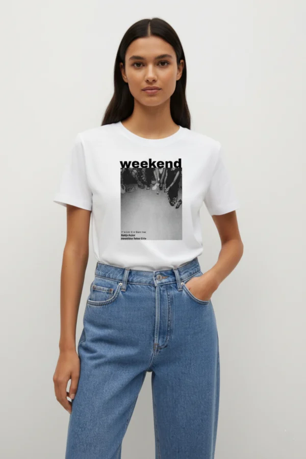 Weekend printed regular fit t-shirt made from soft 180 GSM single jersey cotton-poly blend fabric with breathable comfort and casual style.