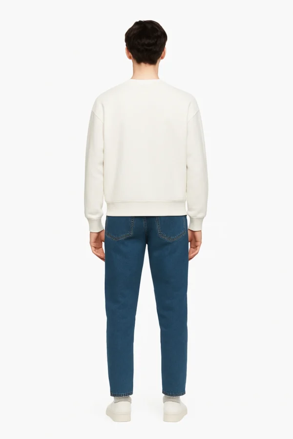 White sweatshirt crafted from premium poly-cotton 3-thread fleece fabric with long sleeves, soft brushed interior, and regular fit
