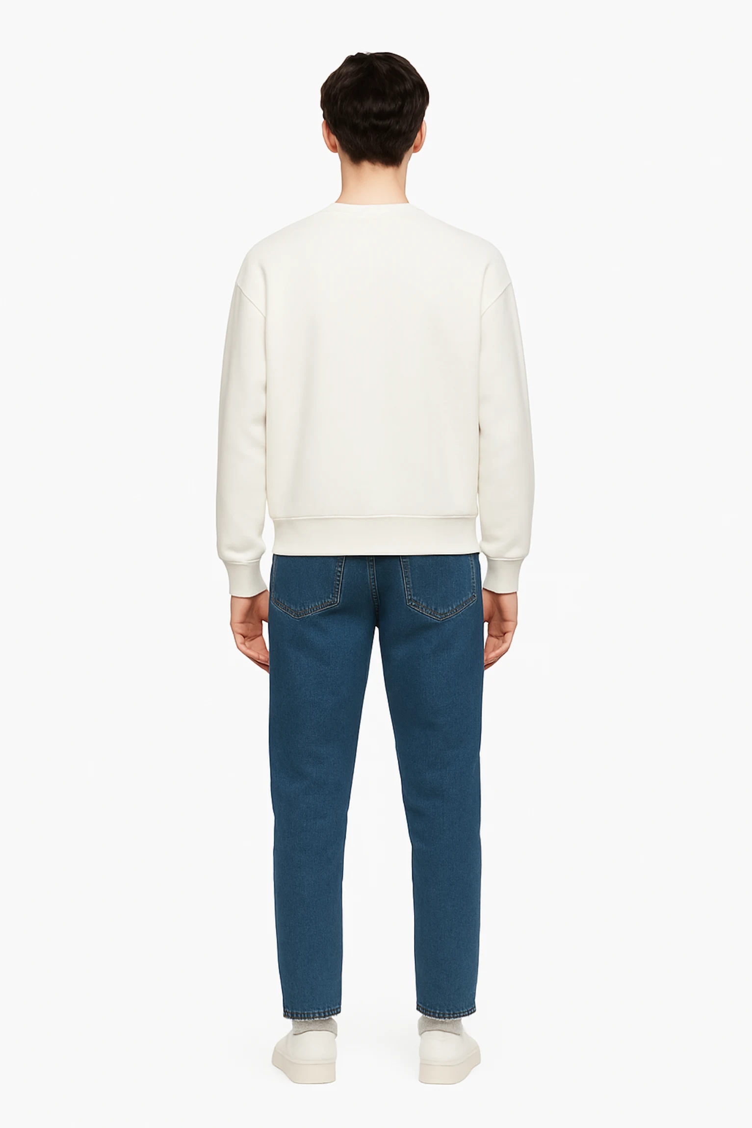 White sweatshirt crafted from premium poly-cotton 3-thread fleece fabric with long sleeves, soft brushed interior, and regular fit