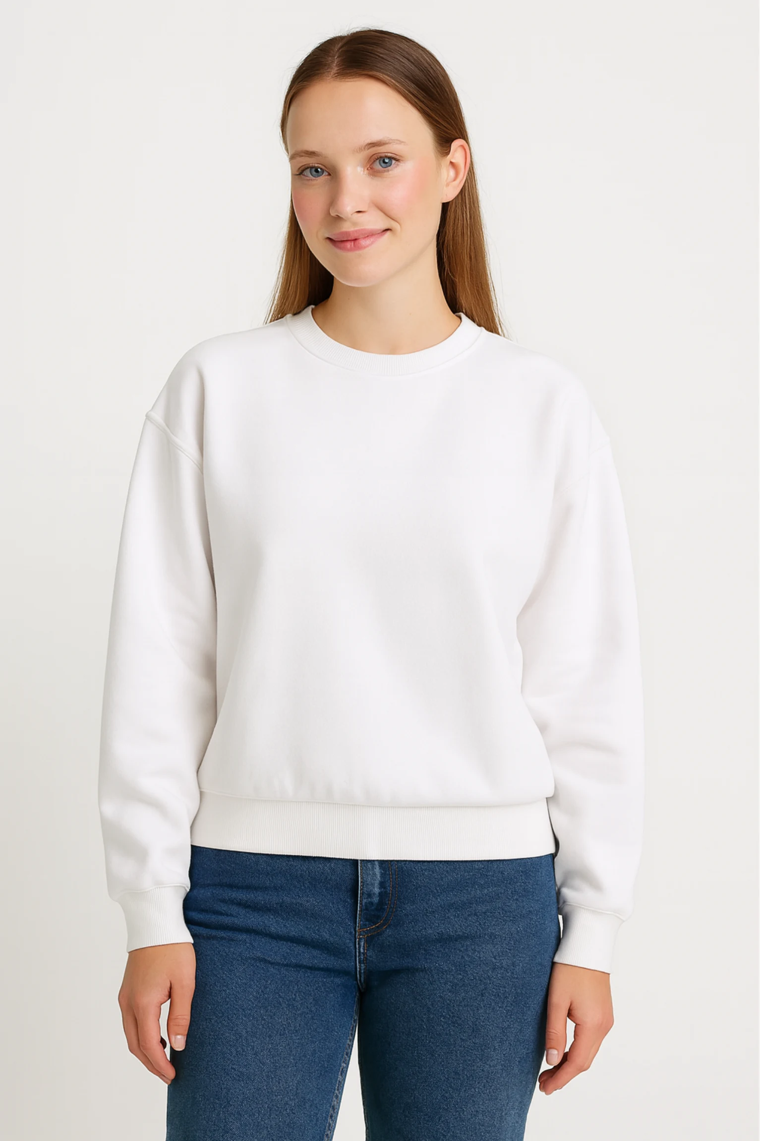 White sweatshirt crafted from premium poly-cotton 3-thread fleece fabric with long sleeves, soft brushed interior, and regular fit