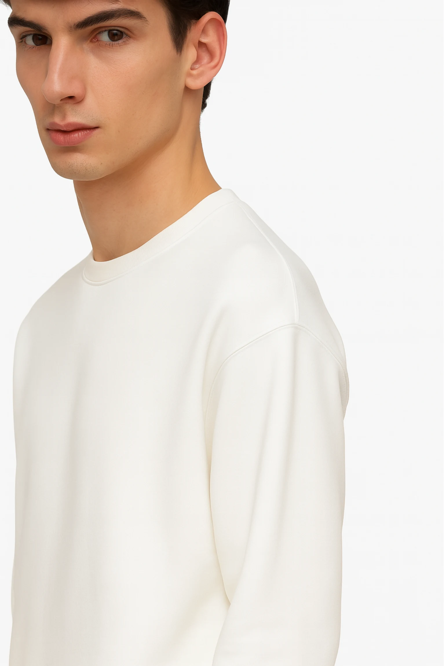 White sweatshirt crafted from premium poly-cotton 3-thread fleece fabric with long sleeves, soft brushed interior, and regular fit